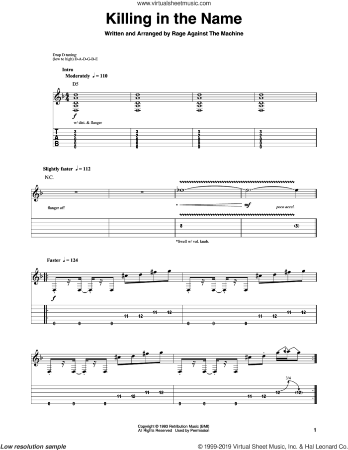 Killing In The Name sheet music for guitar (tablature, play-along) by Rage Against The Machine, Brad Wilk, Tim Commerford, Tom Morello and Zack De La Rocha, intermediate skill level