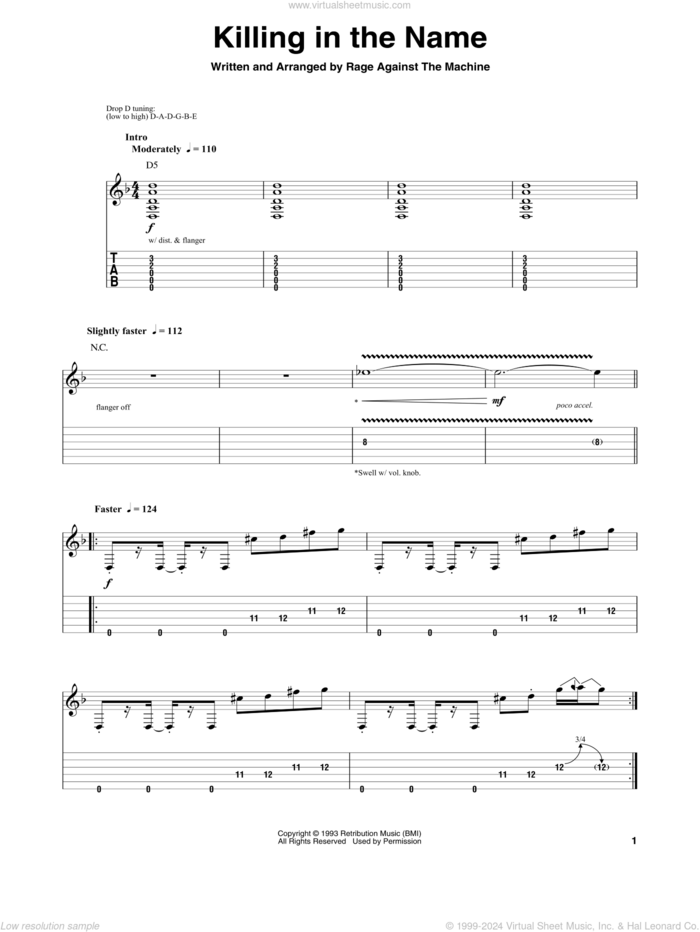 Killing In The Name sheet music for guitar (tablature, play-along) by Rage Against The Machine, Brad Wilk, Tim Commerford, Tom Morello and Zack De La Rocha, intermediate skill level