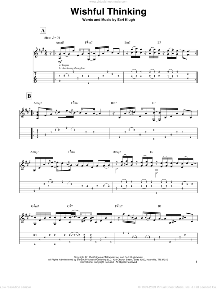 Wishful Thinking sheet music for guitar (tablature, play-along) by Earl Klugh, intermediate skill level