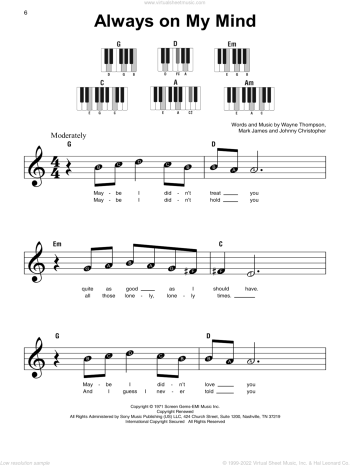 Always On My Mind sheet music for piano solo by Willie Nelson, Johnny Christopher, Mark James and Wayne Thompson, beginner skill level