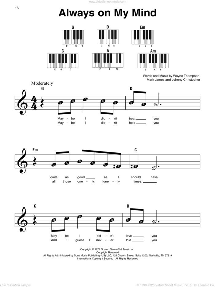 Always On My Mind sheet music for piano solo by Willie Nelson, Johnny Christopher, Mark James and Wayne Thompson, beginner skill level