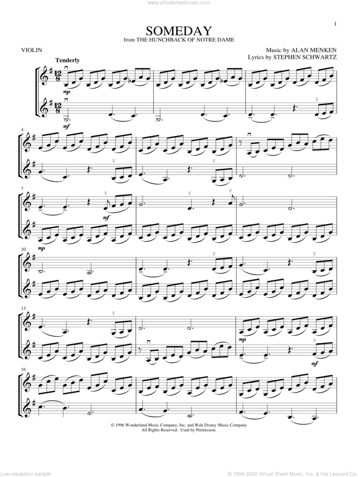 Someday (from The Hunchback Of Notre Dame) sheet music for two violins (duets, violin duets) by All-4-One, Alan Menken and Stephen Schwartz, intermediate skill level