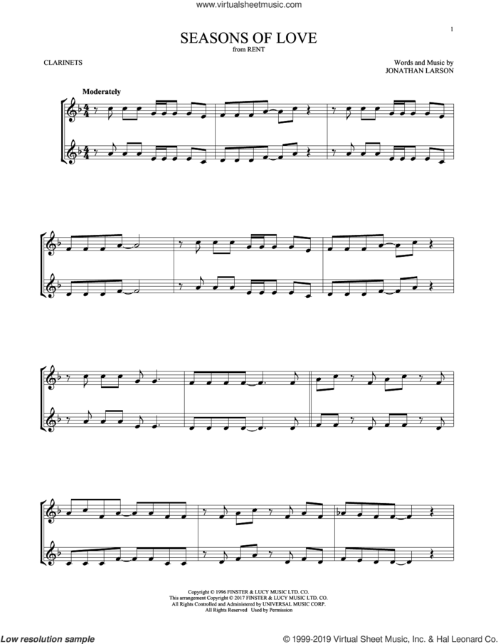 Seasons Of Love (from Rent) sheet music for two clarinets (duets) by Jonathan Larson, intermediate skill level