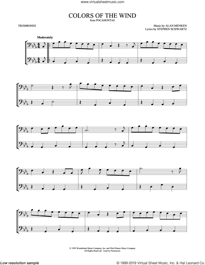 Colors Of The Wind (from Pocahontas) (arr. Mark Phillips) sheet music for two trombones (duet, duets) by Vanessa Williams, Mark Phillips, Alan Menken and Stephen Schwartz, intermediate skill level