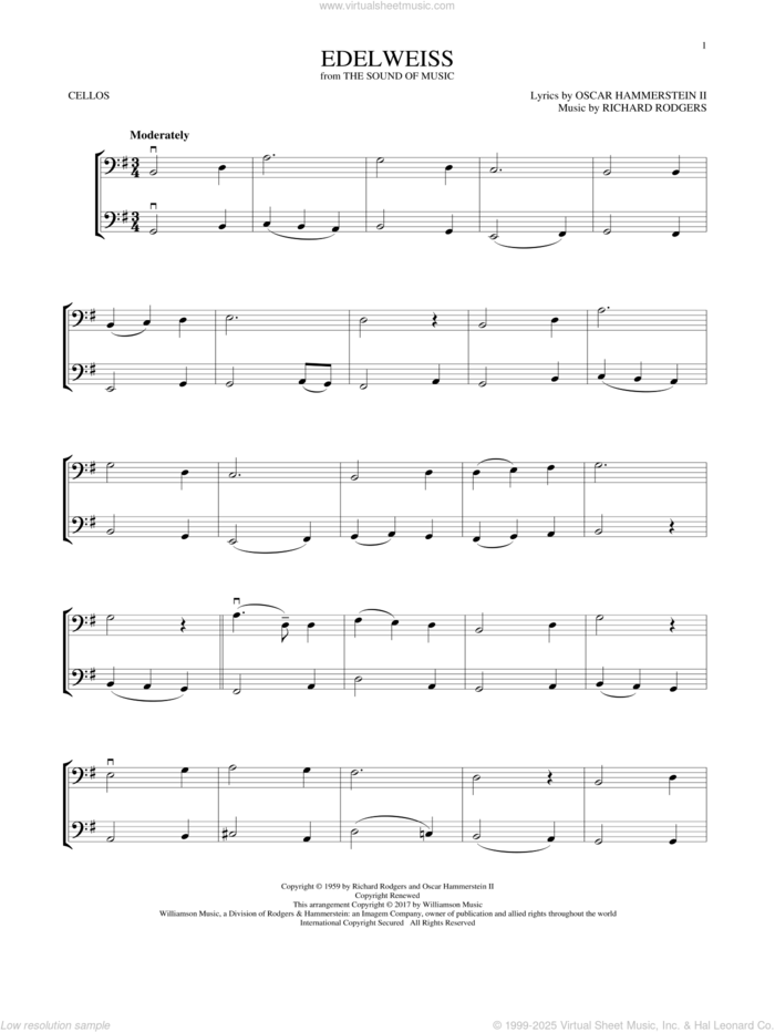 Edelweiss (from The Sound of Music) sheet music for two cellos (duet, duets) by Rodgers & Hammerstein, Oscar II Hammerstein and Richard Rodgers, intermediate skill level