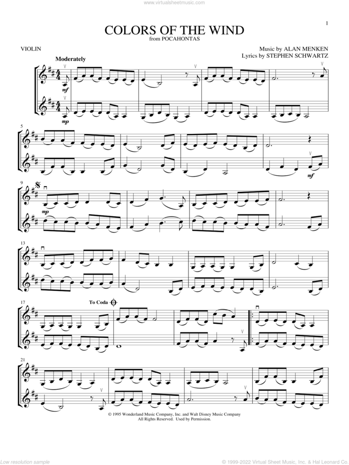 Colors Of The Wind sheet music for two violins (duets, violin duets) by Vanessa Williams, Alan Menken and Stephen Schwartz, intermediate skill level
