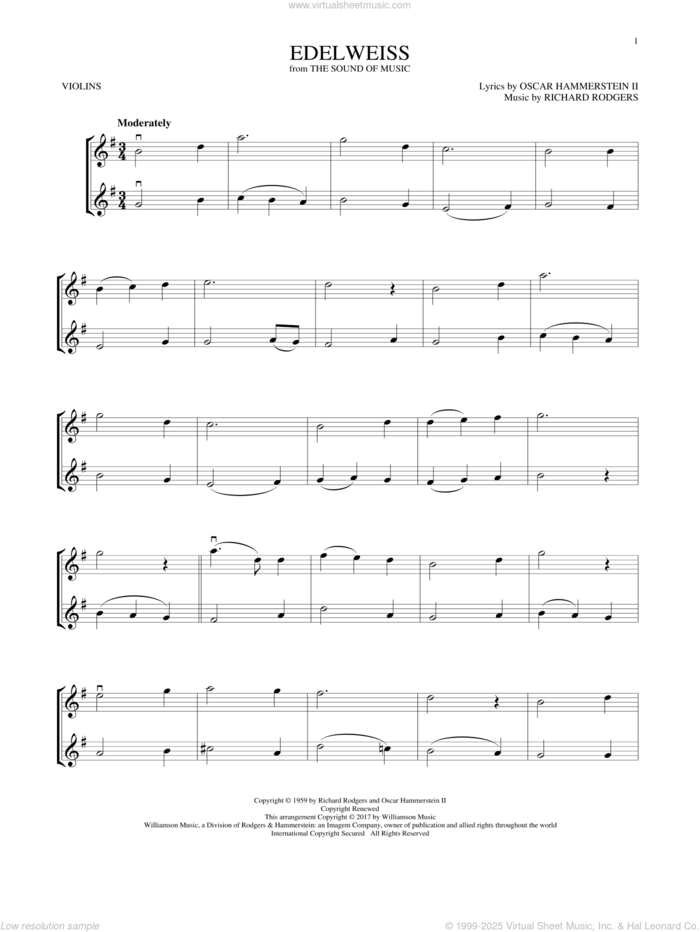 Hammerstein Edelweiss (from The Sound of Music) sheet music for two