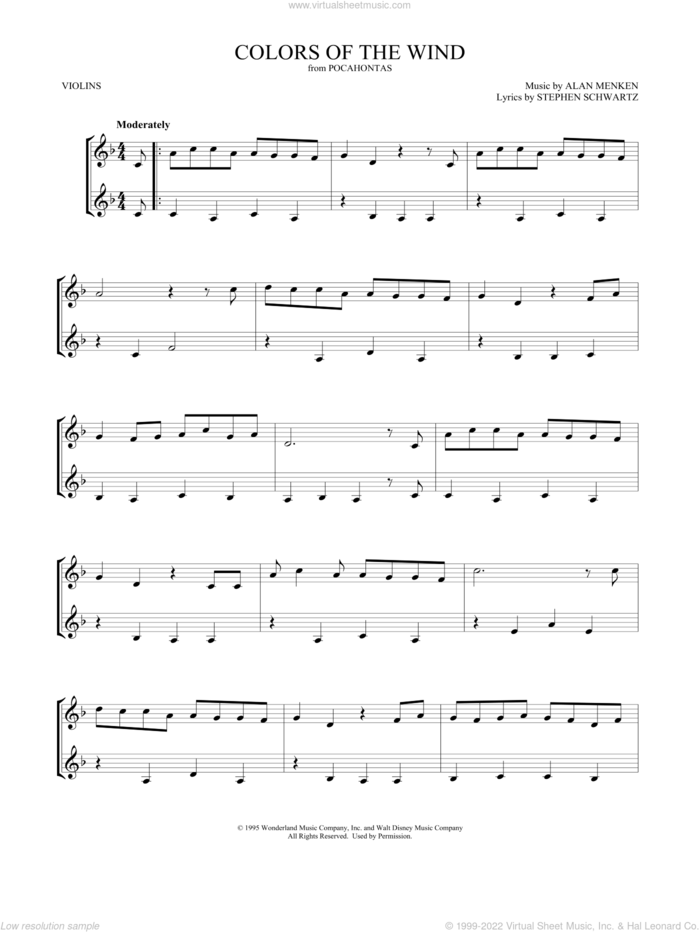 Colors Of The Wind (from Pocahontas) (arr. Mark Phillips) sheet music for two violins (duets, violin duets) by Vanessa Williams, Mark Phillips, Alan Menken and Stephen Schwartz, intermediate skill level
