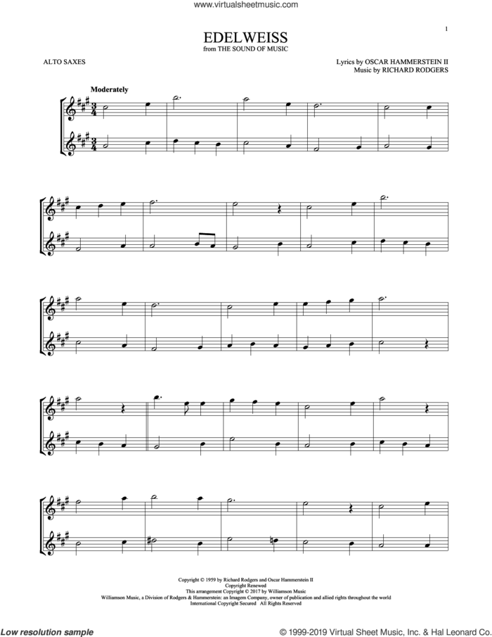 Edelweiss (from The Sound of Music) sheet music for two alto saxophones (duets) by Rodgers & Hammerstein, Oscar II Hammerstein and Richard Rodgers, intermediate skill level