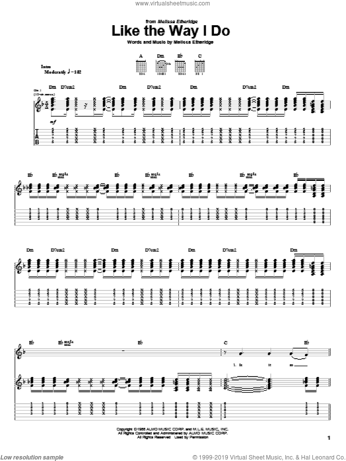 Like The Way I Do sheet music for guitar (tablature) by Melissa Etheridge, intermediate skill level