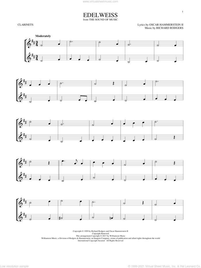 Edelweiss (from The Sound of Music) sheet music for two clarinets (duets) by Rodgers & Hammerstein, Oscar II Hammerstein and Richard Rodgers, intermediate skill level