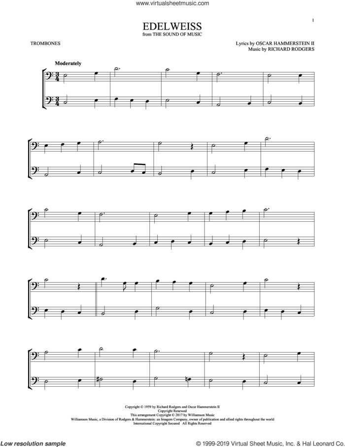 Edelweiss (from The Sound of Music) sheet music for two trombones (duet, duets) by Rodgers & Hammerstein, Oscar II Hammerstein and Richard Rodgers, intermediate skill level