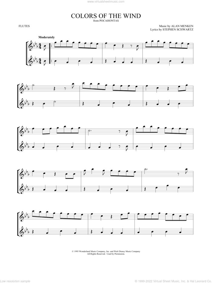 Colors Of The Wind (from Pocahontas) sheet music for two flutes (duets) by Vanessa Williams, Mark Phillips, Alan Menken and Stephen Schwartz, intermediate skill level