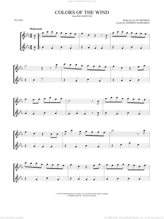 Colors Of The Wind (from Pocahontas) sheet music for two flutes (duets) by Vanessa Williams, Mark Phillips, Alan Menken and Stephen Schwartz, intermediate skill level