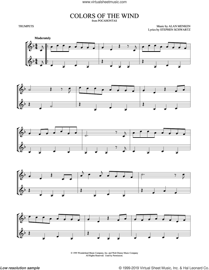 Colors Of The Wind (from Pocahontas) sheet music for two trumpets (duet, duets) by Vanessa Williams, Mark Phillips, Alan Menken and Stephen Schwartz, intermediate skill level