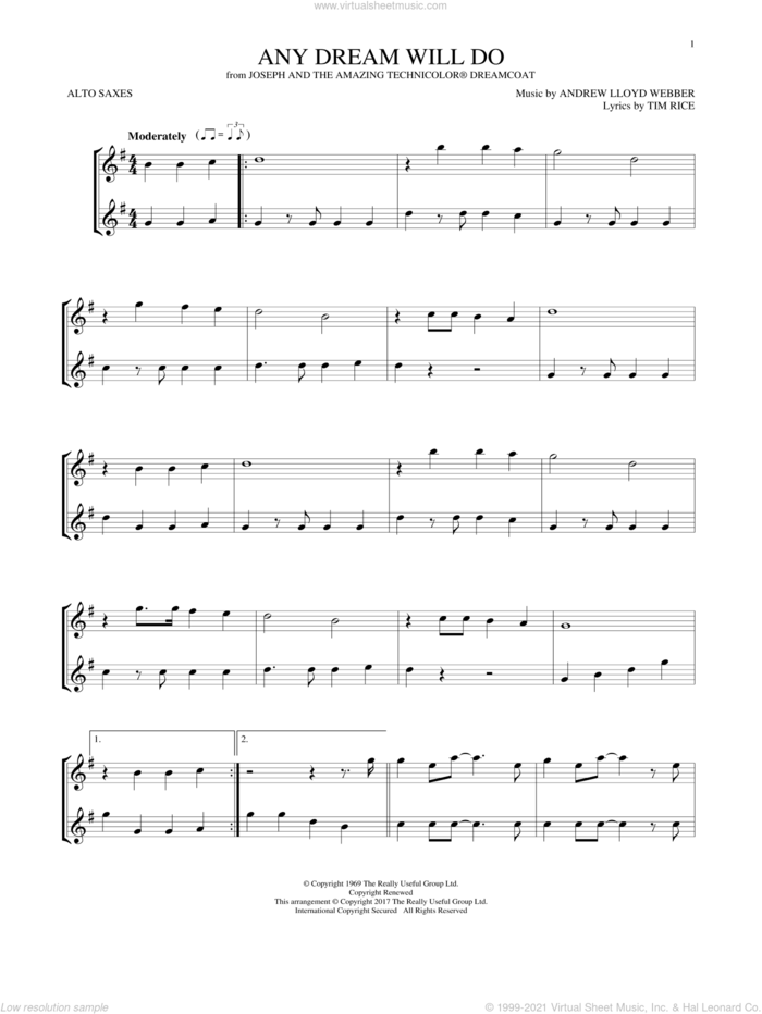 Any Dream Will Do (from Joseph And The Amazing Technicolor Dreamcoat) sheet music for two alto saxophones (duets) by Andrew Lloyd Webber and Tim Rice, intermediate skill level