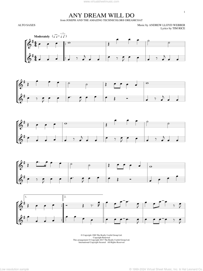 Any Dream Will Do (from Joseph And The Amazing Technicolor Dreamcoat) sheet music for two alto saxophones (duets) by Andrew Lloyd Webber and Tim Rice, intermediate skill level