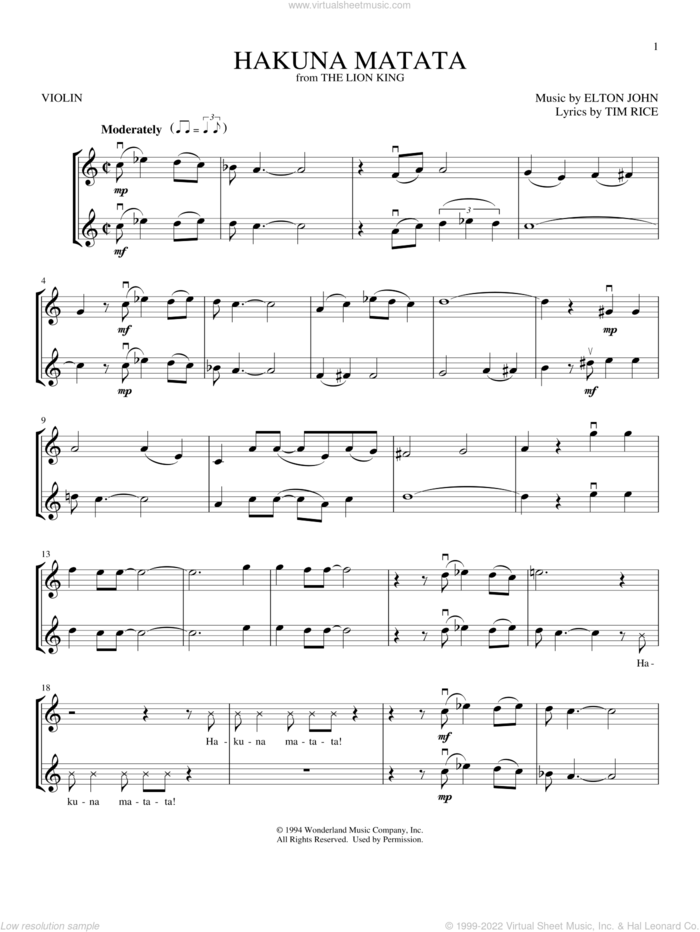 Hakuna Matata (from The Lion King) sheet music for two violins (duets, violin duets) by Elton John and Tim Rice, intermediate skill level