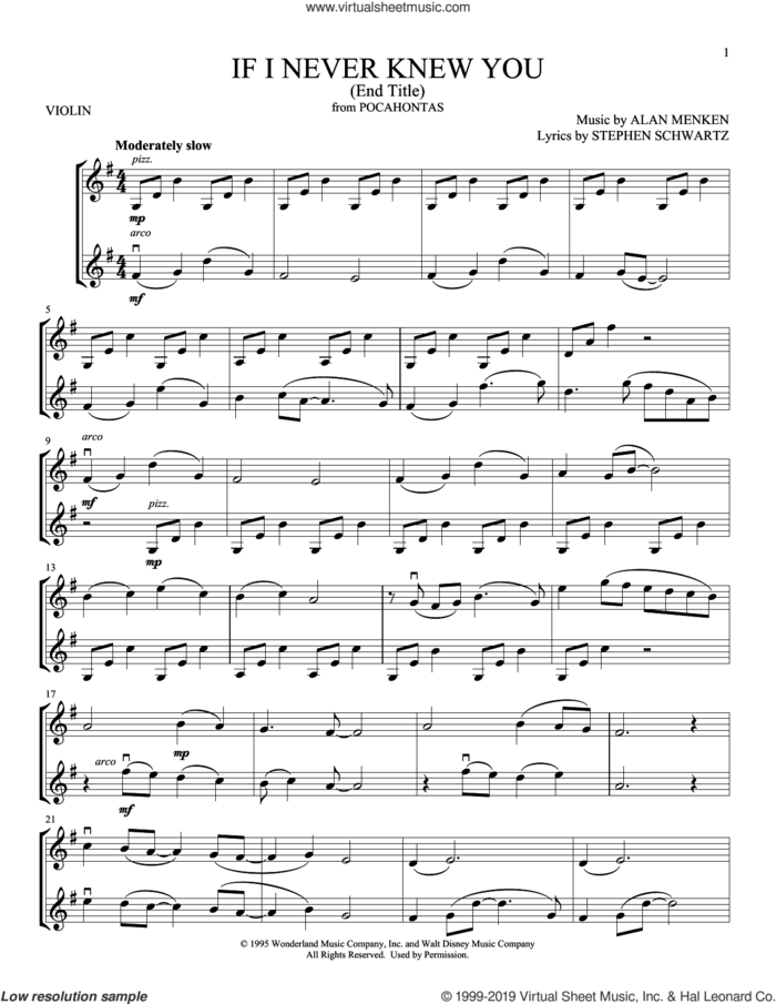 If I Never Knew You (End Title) (from Pocahontas) sheet music for two violins (duets, violin duets) by Jon Secada and Shanice, Alan Menken and Stephen Schwartz, intermediate skill level