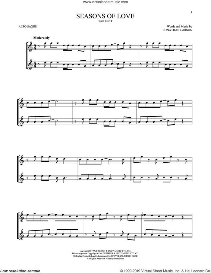 Seasons Of Love (from Rent) sheet music for two alto saxophones (duets) by Jonathan Larson, intermediate skill level