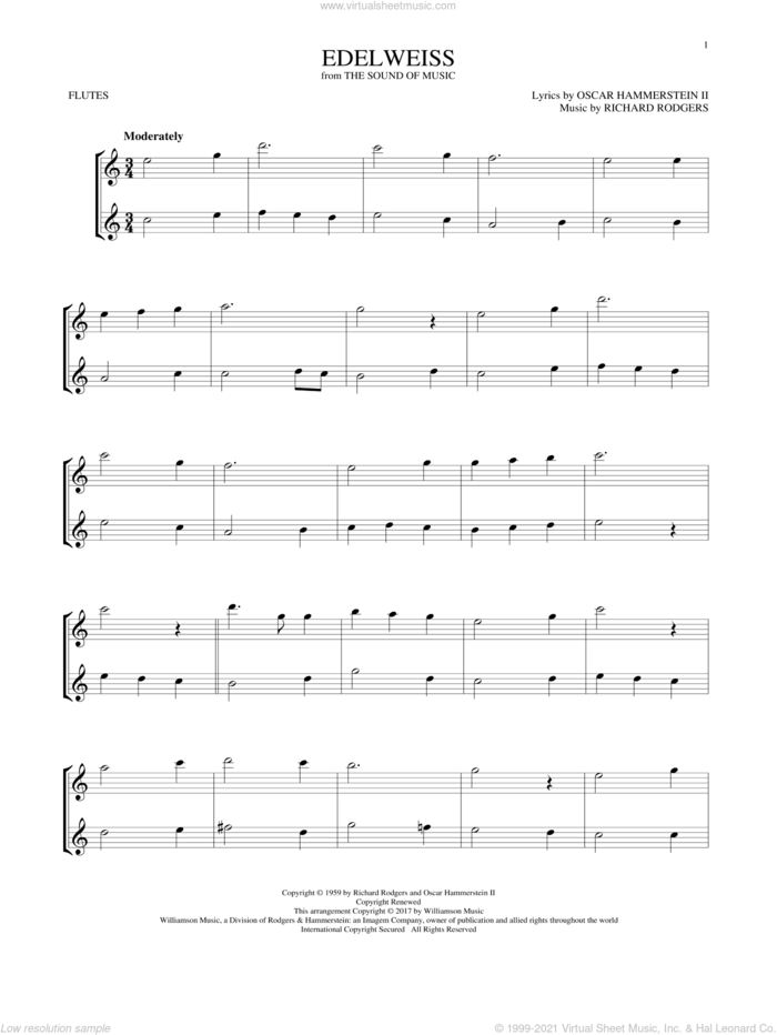 Edelweiss (from The Sound of Music) sheet music for two flutes (duets) by Rodgers & Hammerstein, Oscar II Hammerstein and Richard Rodgers, intermediate skill level