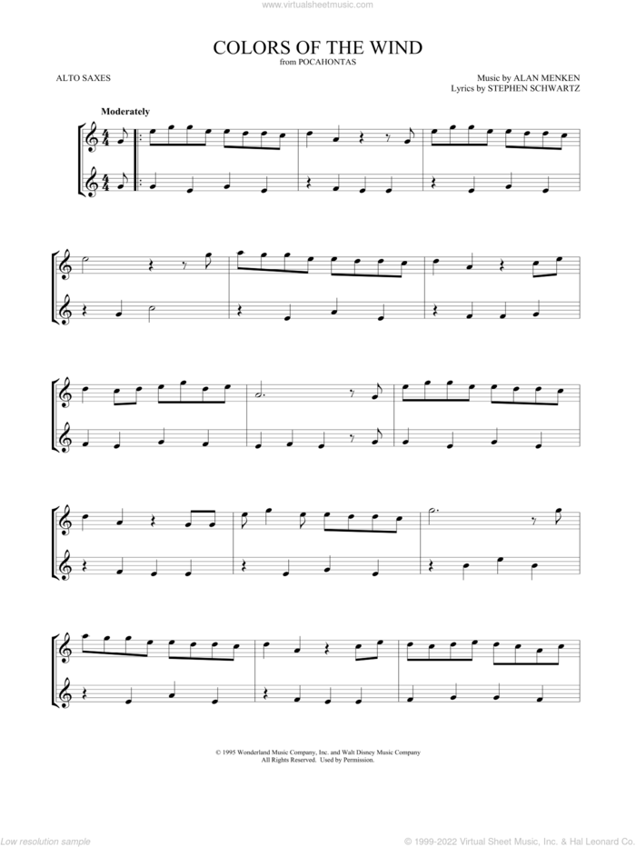 Colors Of The Wind (from Pocahontas) sheet music for two alto saxophones (duets) by Vanessa Williams, Mark Phillips, Alan Menken and Stephen Schwartz, intermediate skill level