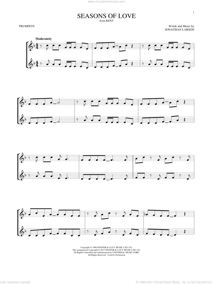 Seasons Of Love (from Rent) sheet music for two trumpets (duet, duets) by Jonathan Larson, intermediate skill level