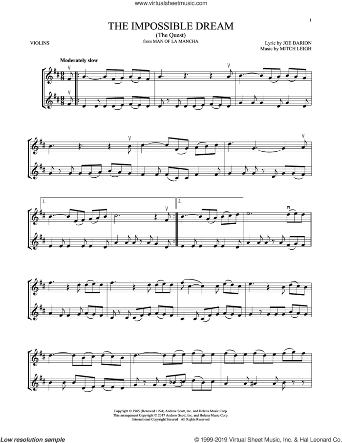 The Impossible Dream (The Quest) sheet music for two violins (duets, violin duets) by Mitch Leigh and Joe Darion, intermediate skill level