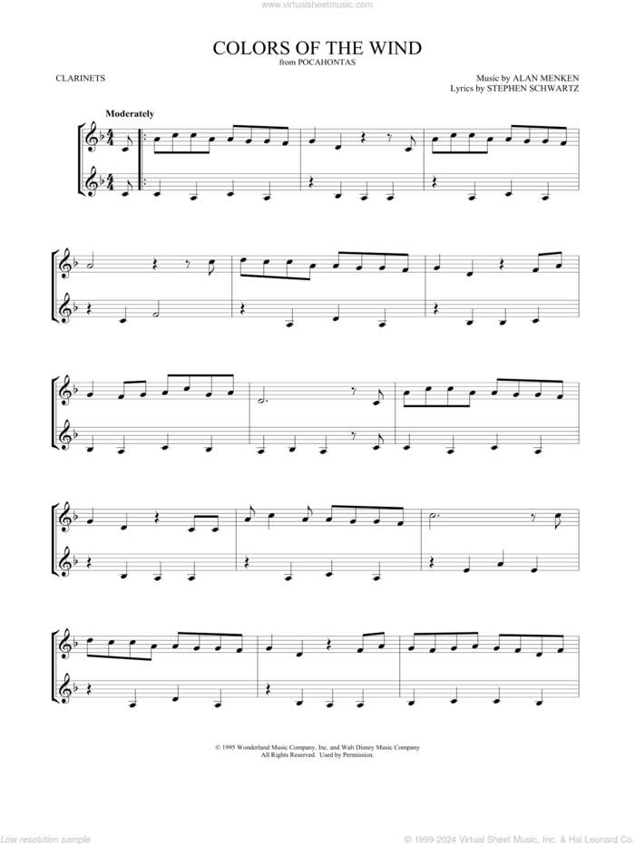 Colors Of The Wind (from Pocahontas) sheet music for two clarinets (duets) by Vanessa Williams, Mark Phillips, Alan Menken and Stephen Schwartz, intermediate skill level