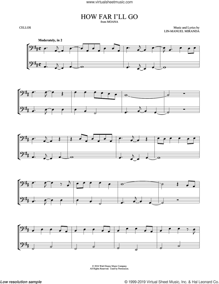 How Far I'll Go (from Moana) (arr. Mark Phillips) sheet music for two cellos (duet, duets) by Lin-Manuel Miranda and Mark Phillips, intermediate skill level