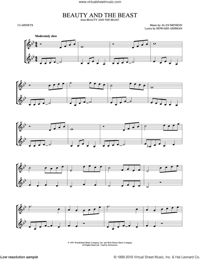 Beauty And The Beast (arr. Mark Phillips) sheet music for two clarinets (duets) by Alan Menken, Mark Phillips, Alan Menken & Howard Ashman and Howard Ashman, wedding score, intermediate skill level