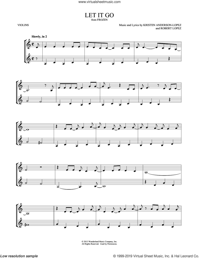 Let It Go (from Frozen) sheet music for two violins (duets, violin duets) by Idina Menzel, Mark Phillips, Kristen Anderson-Lopez and Robert Lopez, intermediate skill level