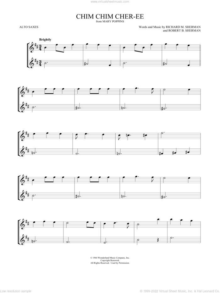 Chim Chim Cher-ee (from Mary Poppins) (arr. Mark Phillips) sheet music for two alto saxophones (duets) by Dick Van Dyke, Mark Phillips, Richard M. Sherman and Robert B. Sherman, intermediate skill level