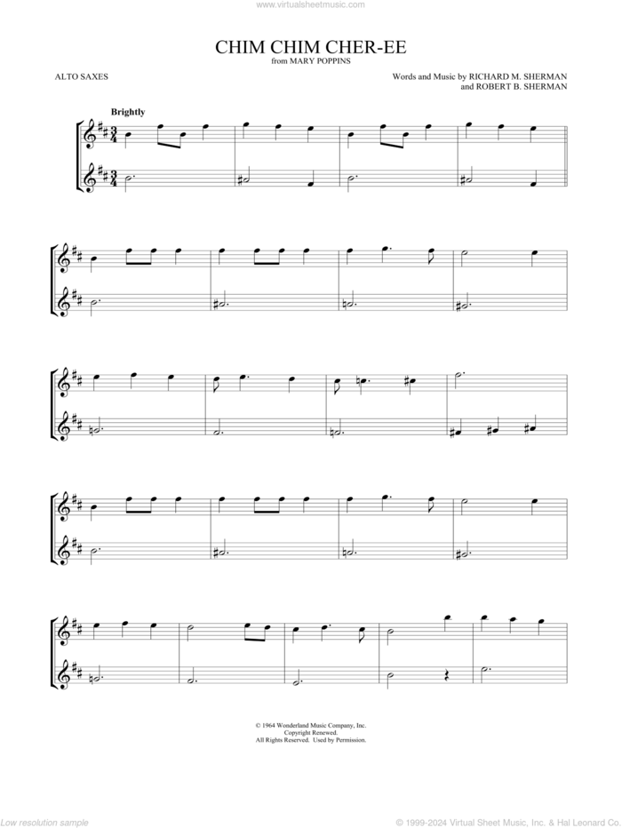 Chim Chim Cher-ee (from Mary Poppins) (arr. Mark Phillips) sheet music for two alto saxophones (duets) by Dick Van Dyke, Mark Phillips, Richard M. Sherman and Robert B. Sherman, intermediate skill level