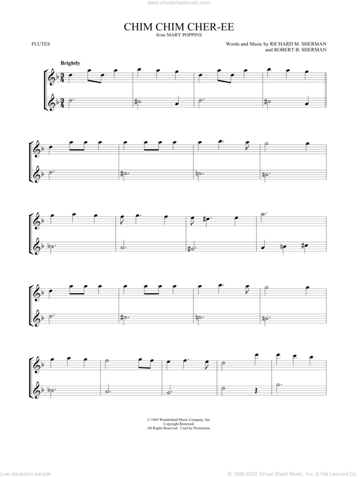 Chim Chim Cher-ee (from Mary Poppins) (arr. Mark Phillips) sheet music for two flutes (duets) by Dick Van Dyke, Mark Phillips, Richard M. Sherman and Robert B. Sherman, intermediate skill level