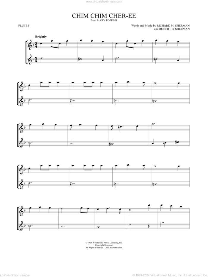 Chim Chim Cher-ee (from Mary Poppins) (arr. Mark Phillips) sheet music for two flutes (duets) by Dick Van Dyke, Mark Phillips, Richard M. Sherman and Robert B. Sherman, intermediate skill level