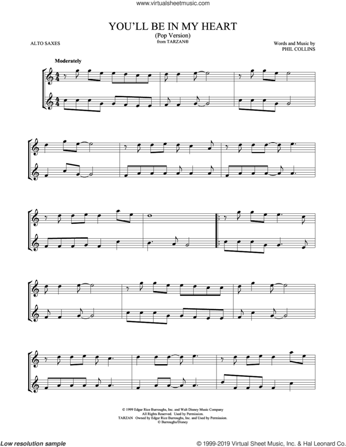 You'll Be In My Heart (Pop Version) (from Tarzan) sheet music for two alto saxophones (duets) by Phil Collins and Mark Phillips, intermediate skill level