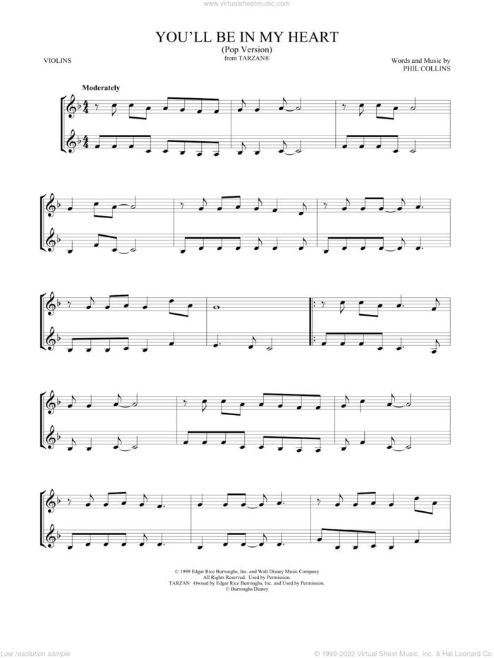 You'll Be In My Heart (Pop Version) (from Tarzan) sheet music for two violins (duets, violin duets) by Phil Collins and Mark Phillips, intermediate skill level