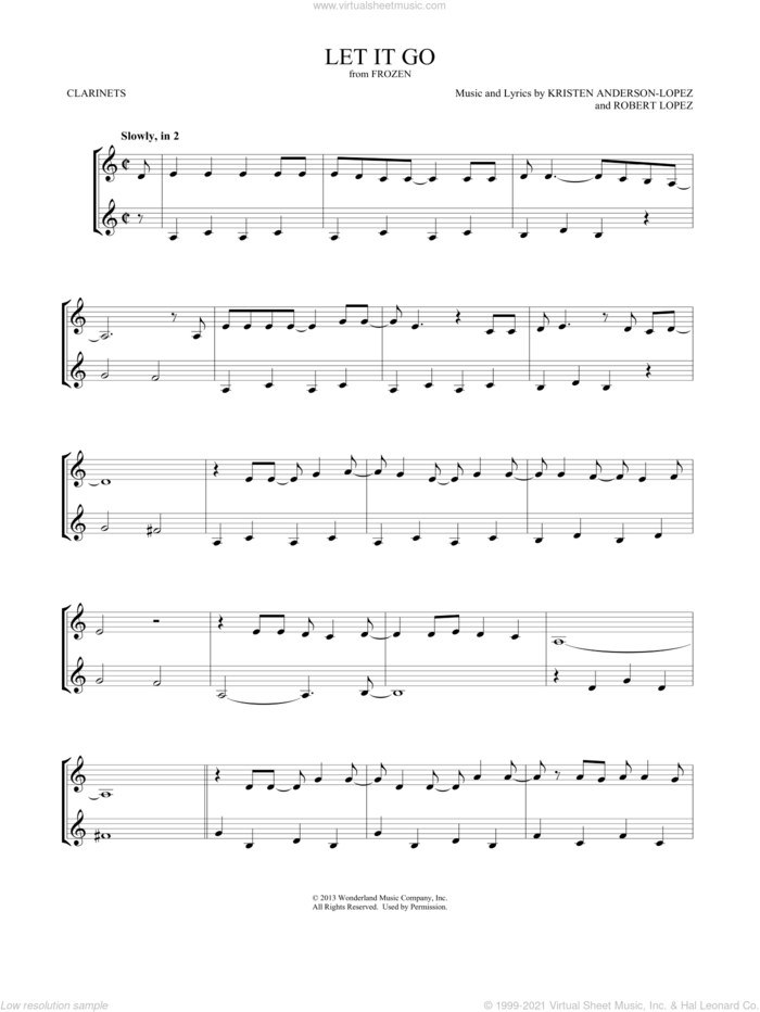Let It Go (from Frozen) sheet music for two clarinets (duets) by Idina Menzel, Mark Phillips, Kristen Anderson-Lopez and Robert Lopez, intermediate skill level