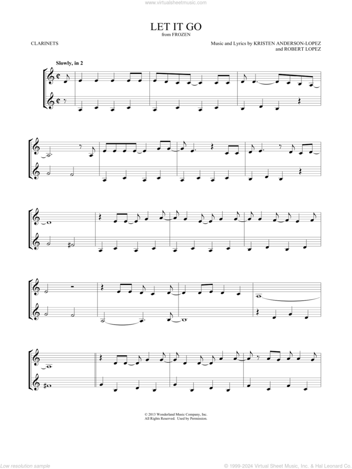 Let It Go (from Frozen) sheet music for two clarinets (duets) by Idina Menzel, Mark Phillips, Kristen Anderson-Lopez and Robert Lopez, intermediate skill level