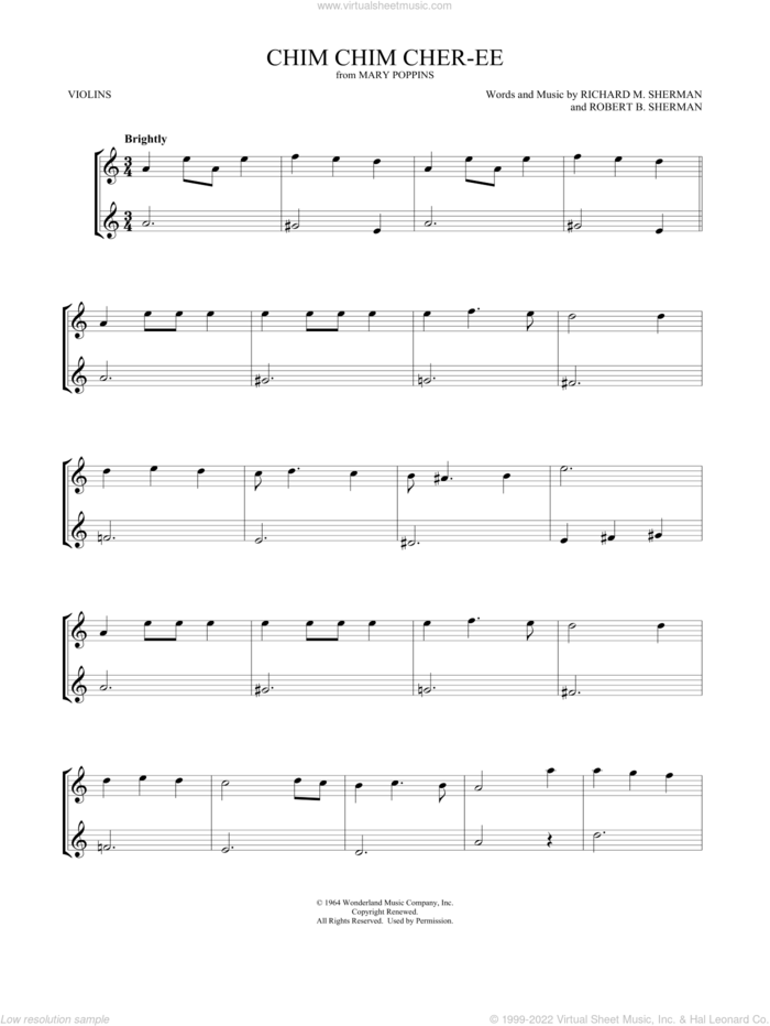 Chim Chim Cher-ee (from Mary Poppins) sheet music for two violins (duets, violin duets) by Dick Van Dyke, Mark Phillips, Richard M. Sherman and Robert B. Sherman, intermediate skill level
