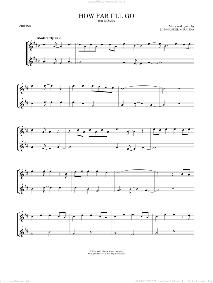 How Far I'll Go (from Moana) (arr. Mark Phillips) sheet music for two violins (duets, violin duets) by Lin-Manuel Miranda and Mark Phillips, intermediate skill level