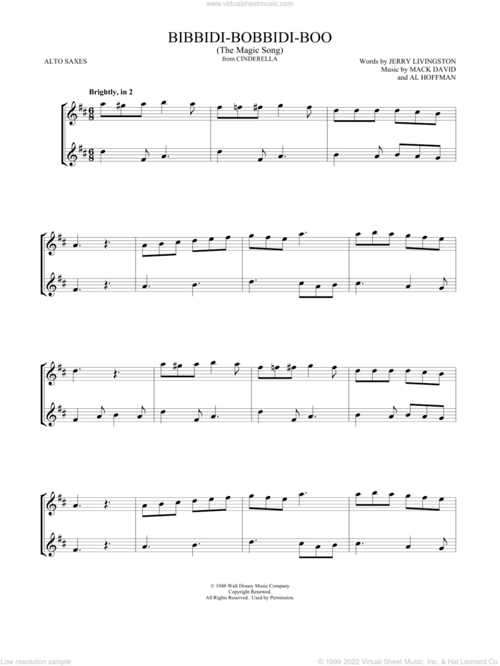 Bibbidi-Bobbidi-Boo (The Magic Song) (from Cinderella) (arr. Mark Phillips) sheet music for two alto saxophones (duets) by Verna Felton, Mark Phillips, Al Hoffman, Jerry Livingston and Mack David, intermediate skill level