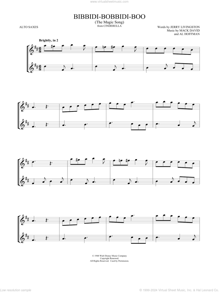 Bibbidi-Bobbidi-Boo (The Magic Song) (from Cinderella) (arr. Mark Phillips) sheet music for two alto saxophones (duets) by Verna Felton, Mark Phillips, Al Hoffman, Jerry Livingston and Mack David, intermediate skill level