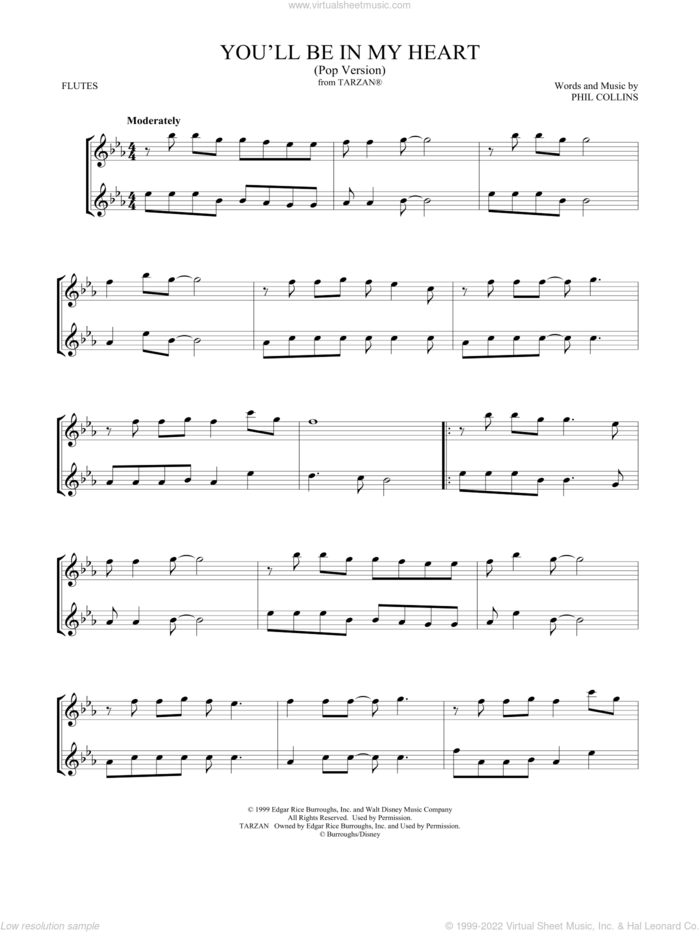 You'll Be In My Heart (Pop Version) (from Tarzan) sheet music for two flutes (duets) by Phil Collins and Mark Phillips, intermediate skill level