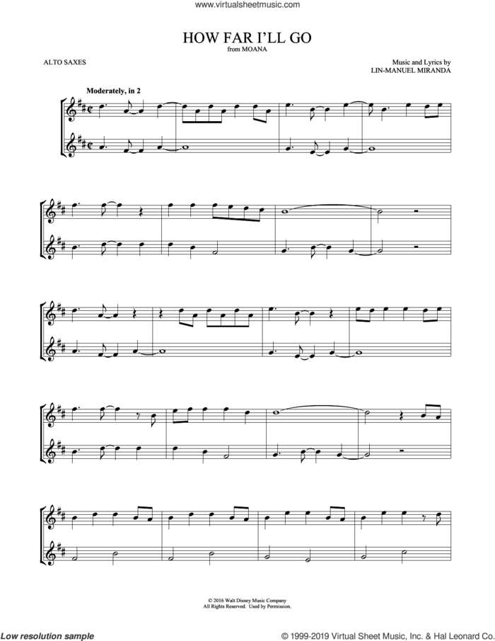 How Far I'll Go (from Moana) (arr. Mark Phillips) sheet music for two alto saxophones (duets) by Lin-Manuel Miranda and Mark Phillips, intermediate skill level
