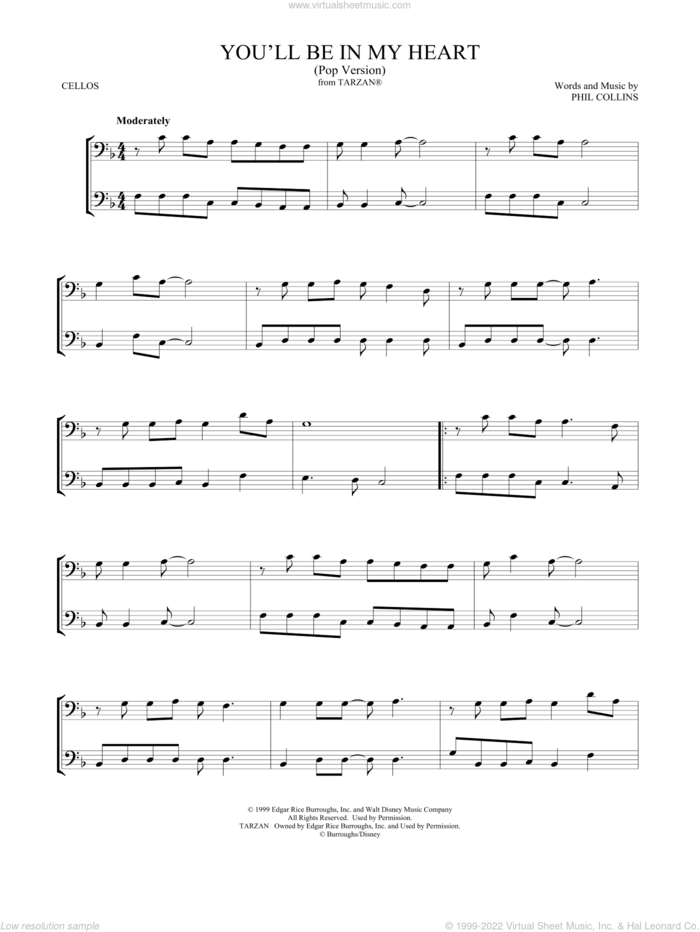 You'll Be In My Heart (Pop Version) (from Tarzan) sheet music for two cellos (duet, duets) by Phil Collins and Mark Phillips, intermediate skill level