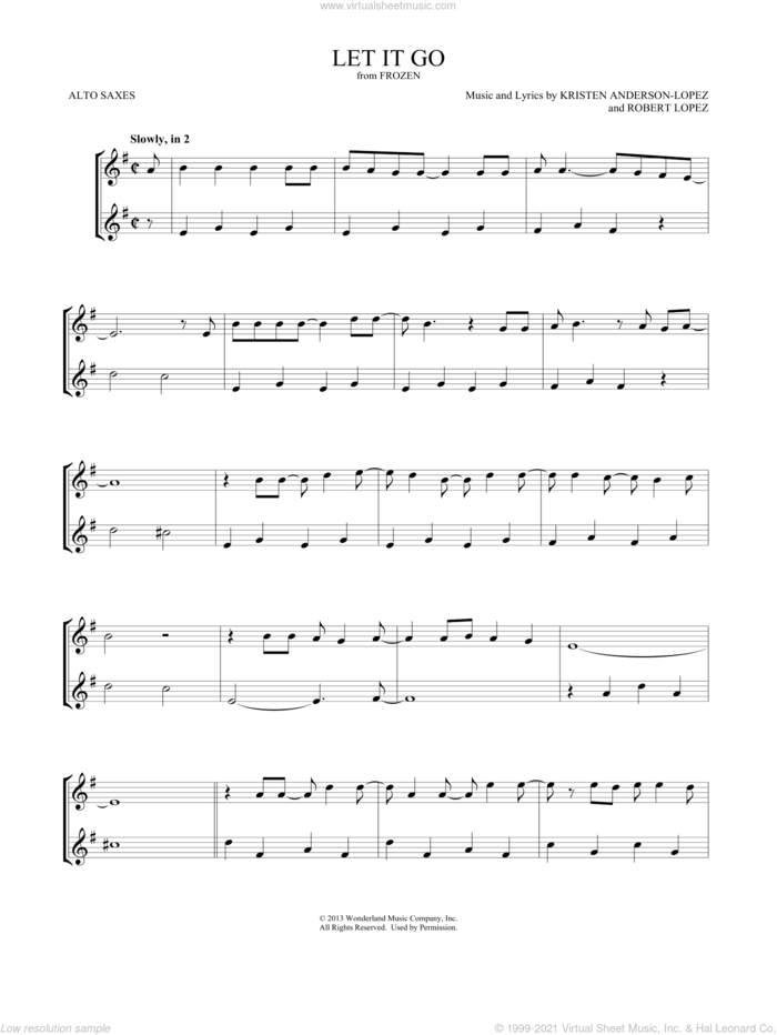 Let It Go (from Frozen) sheet music for two alto saxophones (duets) by Idina Menzel, Mark Phillips, Kristen Anderson-Lopez and Robert Lopez, intermediate skill level