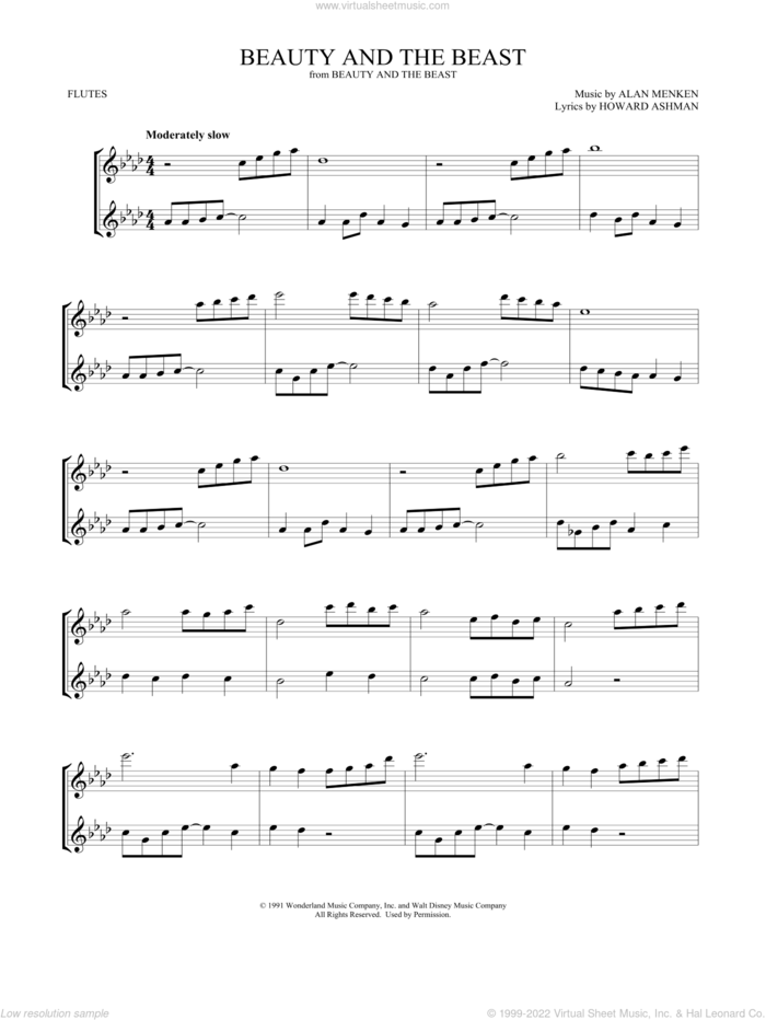 Beauty And The Beast sheet music for two flutes (duets) by Alan Menken, Mark Phillips, Alan Menken & Howard Ashman and Howard Ashman, intermediate skill level