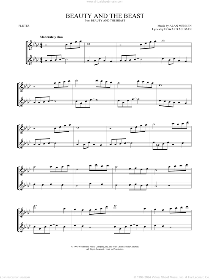 Beauty And The Beast sheet music for two flutes (duets) by Alan Menken, Mark Phillips, Alan Menken & Howard Ashman and Howard Ashman, wedding score, intermediate skill level